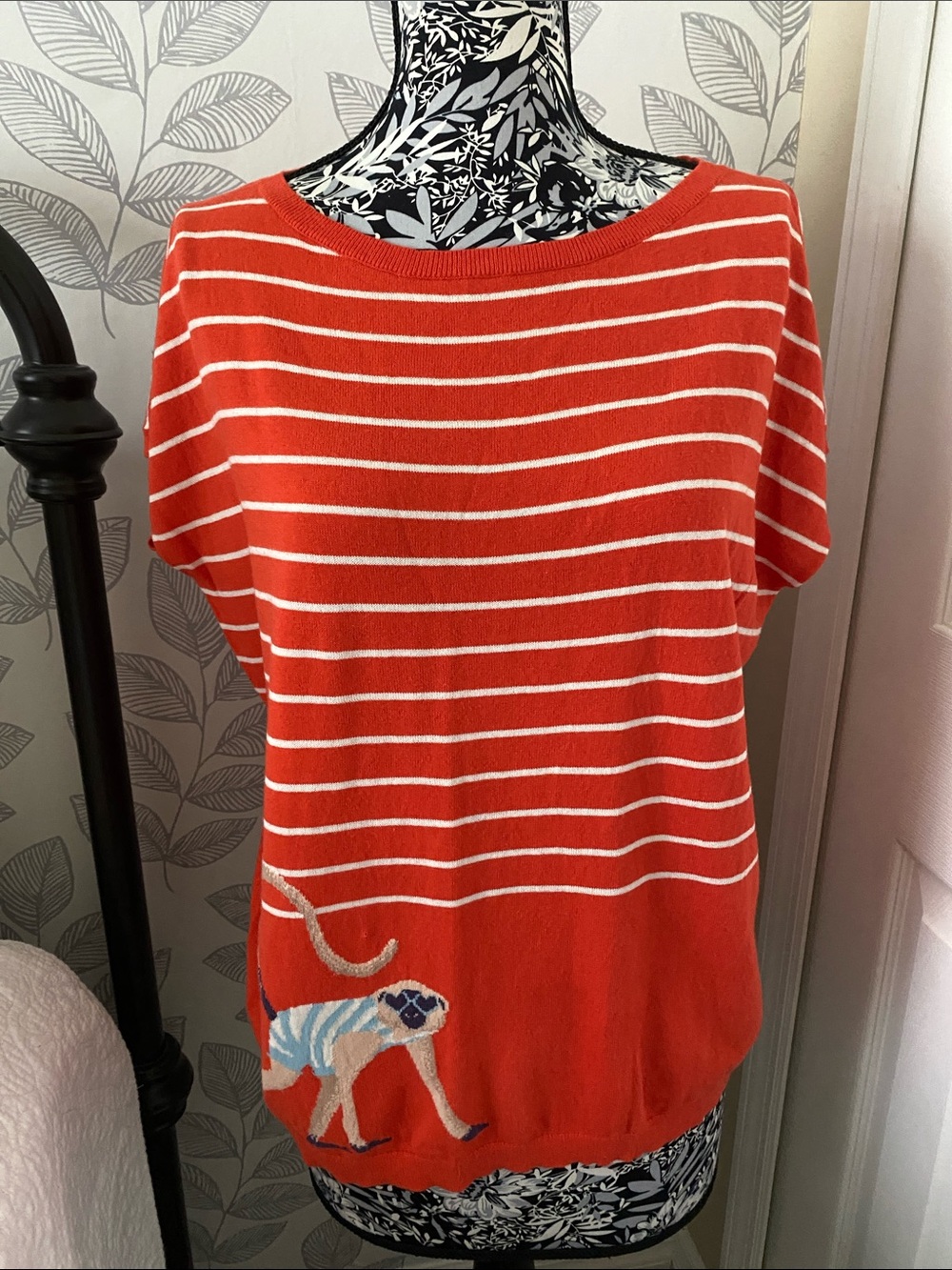 Talbots Orange and White Striped Cap Sleeve Sweater with Monkey Knit Graphic